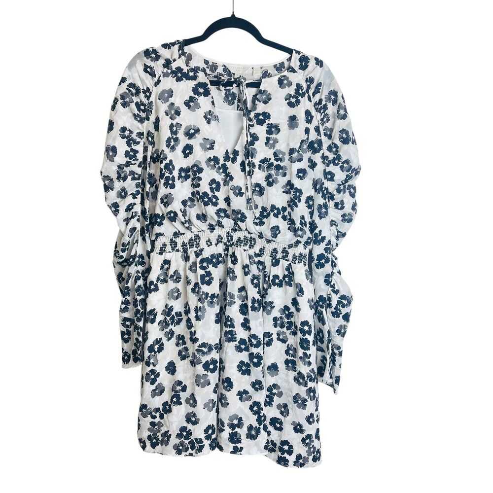 Ted Baker Dress Womens Size Medium Floral Fit & Flare Long Sleeve Tie Neck Short